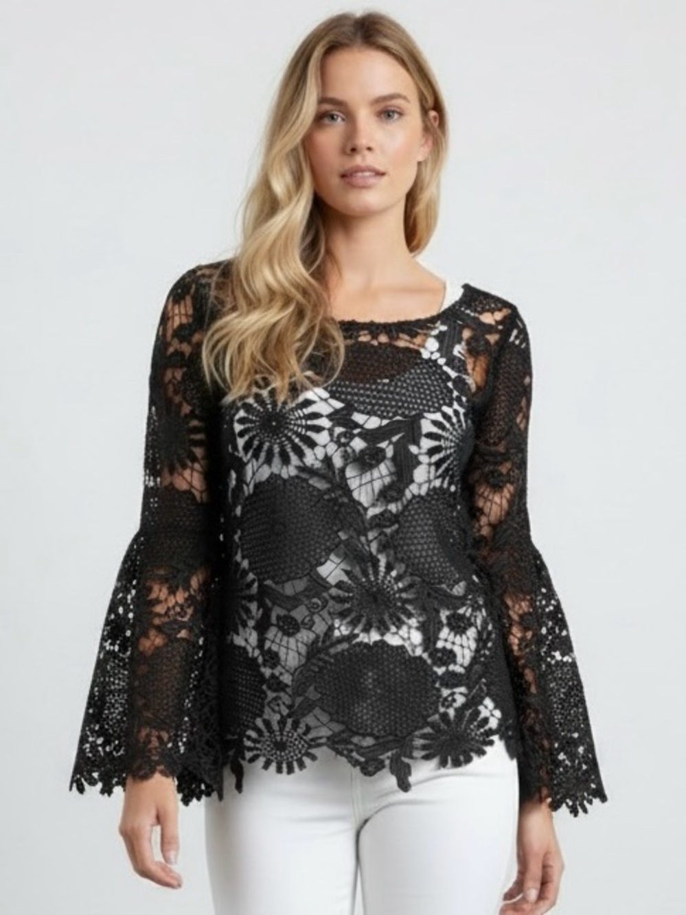 Label Sheer Lace Statement Poet‎ Sleeves Black Blouse